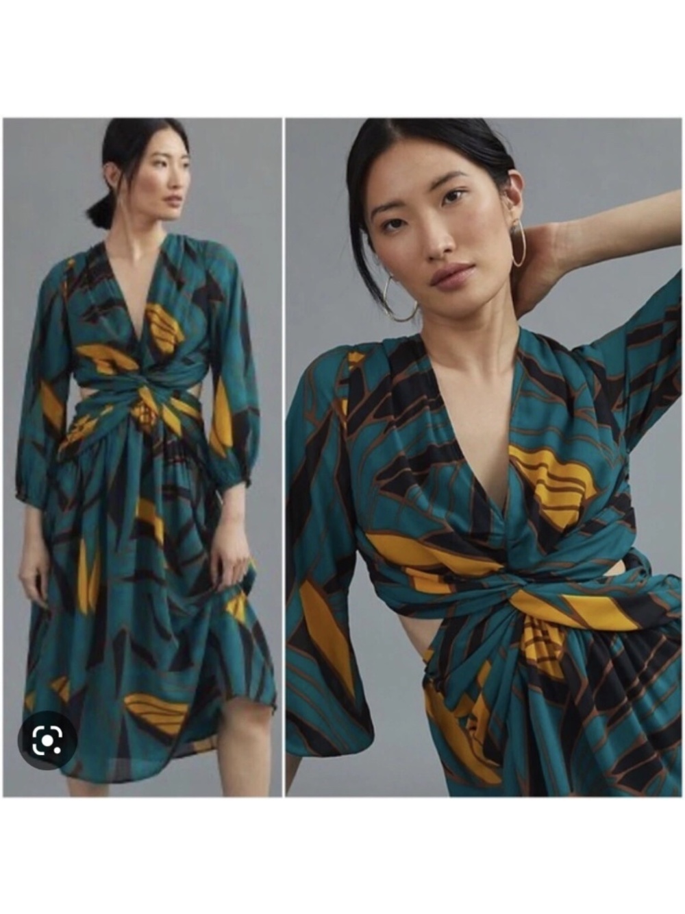Ranna Gill Anthropologie Twist-Front Printed Cut-Out Midi Dress S Boho Resort